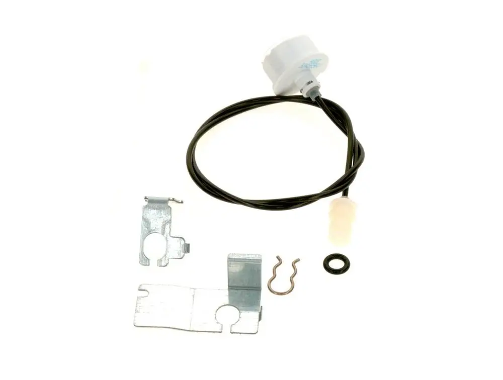 BOSCH Manometer mit Kabelverbindung, Metallteilen und O-Ring. Bestandteile umfassen Clips und Halterungen für die Installation.